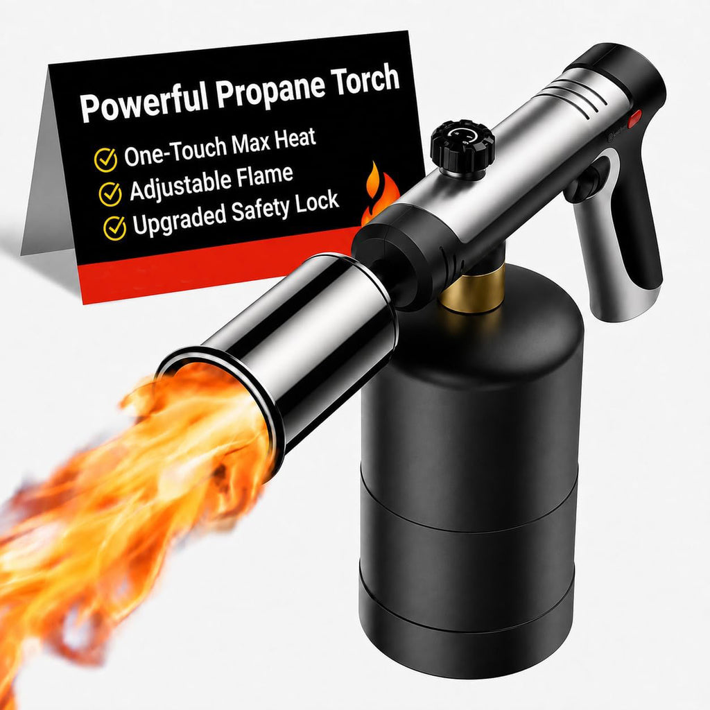 Propane Torch - One-Touch Max Flame & Safety Lock, High Heat Multipurpose Blow Torch for Charcoal Lighter, Grill BBQ, Sous Vide, Searing Steak, Camping Welding (Tank Not Included)