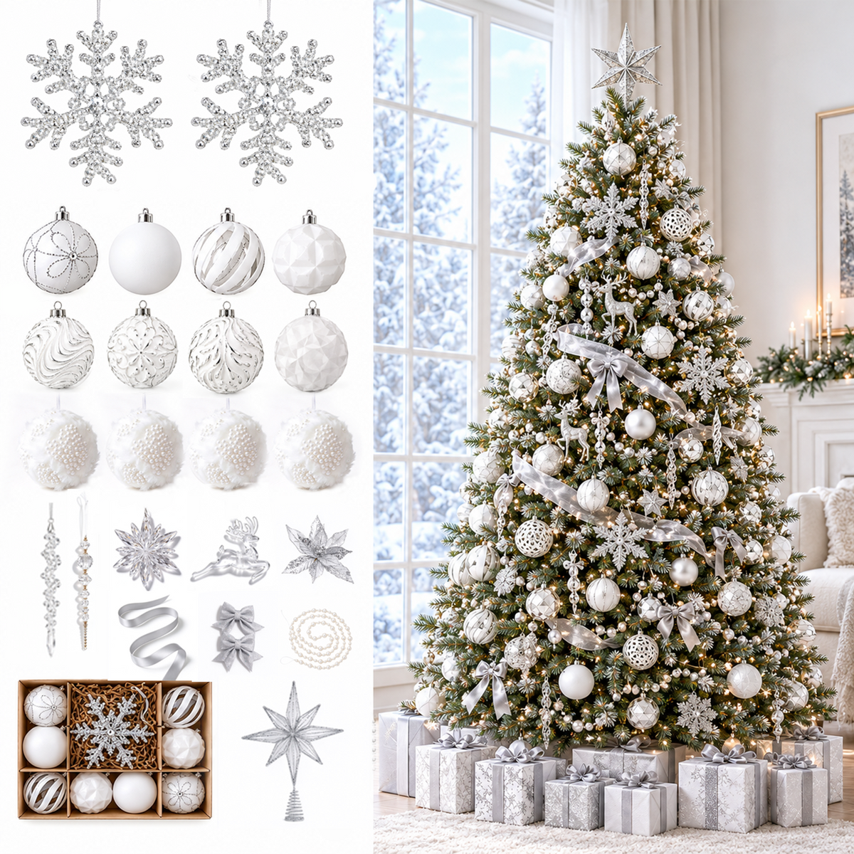 Christmas Decorations Set-Winter White & Silver